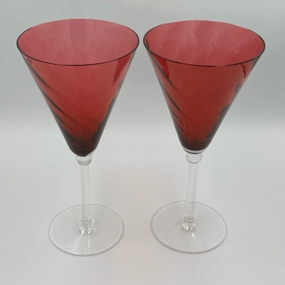 Garda Rose Theresienthal 1960s Cranberry Optic Swirl Wine/Water Glasses set of 2